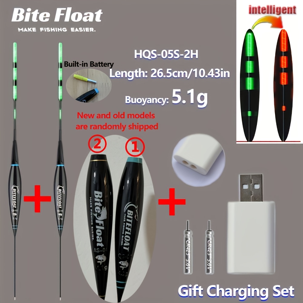 E-shop 3er Set (2 Smart Elektronische Schwimmer + CR425 Akku X2 + Dual-Hole Ladegerät) Kurz Nachtangel Schwimmer Biss Haken Verfärbung