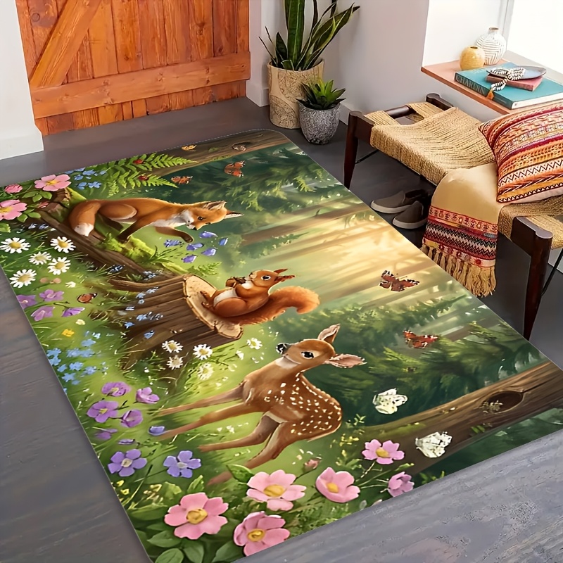 TEMU Flannel Forest Animal Rug Suitable For Living Room, Bedroom, Kitchen - Fox Squirrel Fawn Non-slip, Machine Washable Fade-resistant Tapestry Mat,