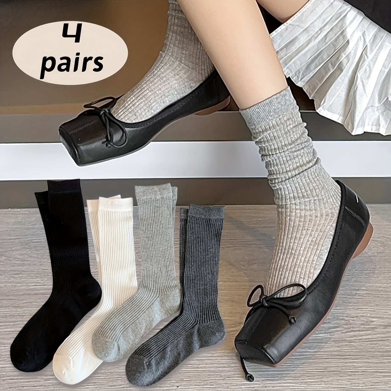 

4pairs Black White Gray Women's Mid-calf Socks Knee-high Socks Summer Thin Transparent Piled Socks For Girl