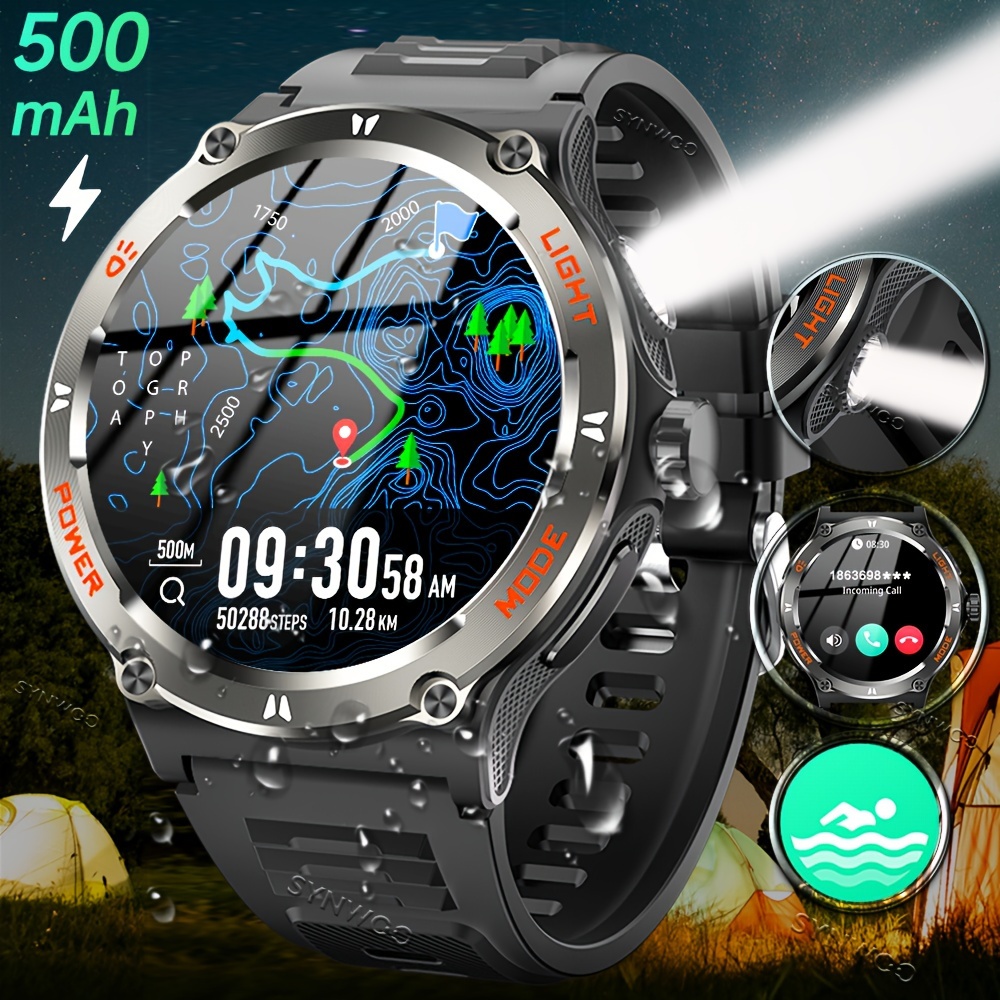 

Ultra Powerful Flashlight Smart Watch For Men, Waterproof, 500mah High Capacity Battery, Wireless Call, Notification, 100+ Sports Modes Fitness Watches For Iphone Android