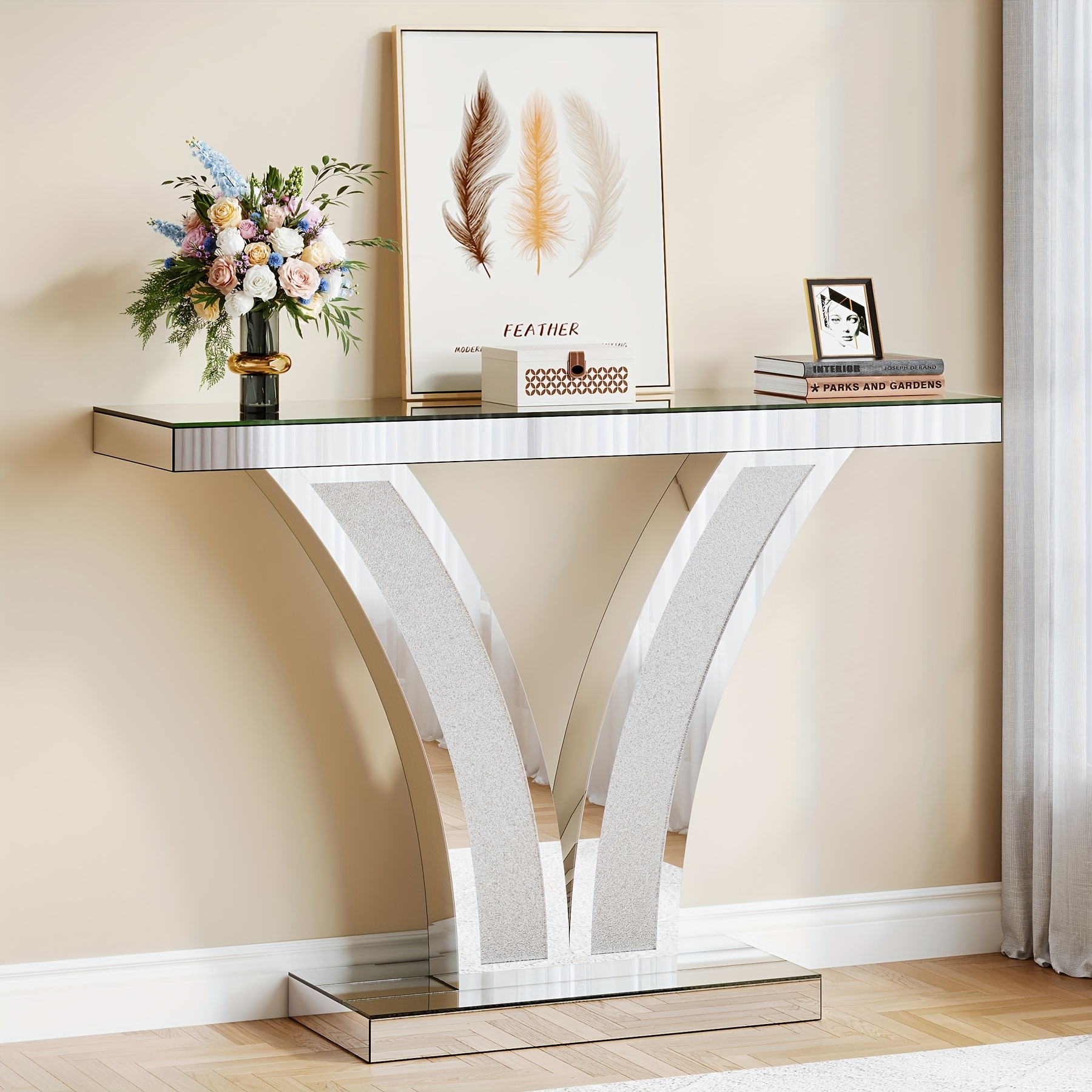 Mirrored Console Table, Modern Sliver Entryway Sofa Table With Crystal Inlay Frames For Living Room, Hallway, Foyer