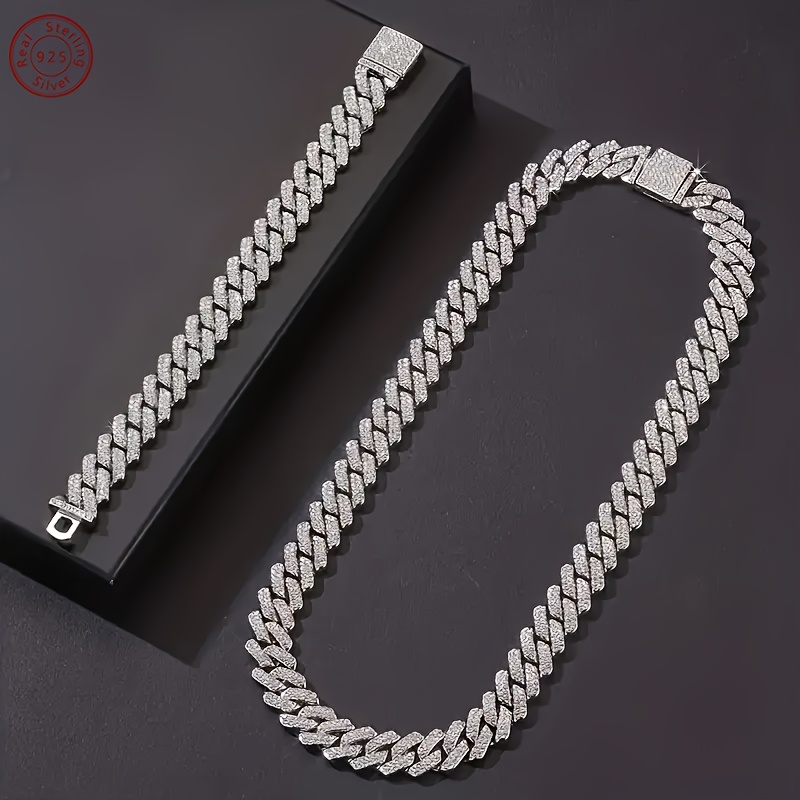 

A Trendy And Luxurious Hip-hop Street Silvery Cuban Chain Set (necklace, Bracelet) 925 Sterling Silver, Gifting Friends On Christmas, New Year's Eve, Or Anniversaries. Comes Gift Box.