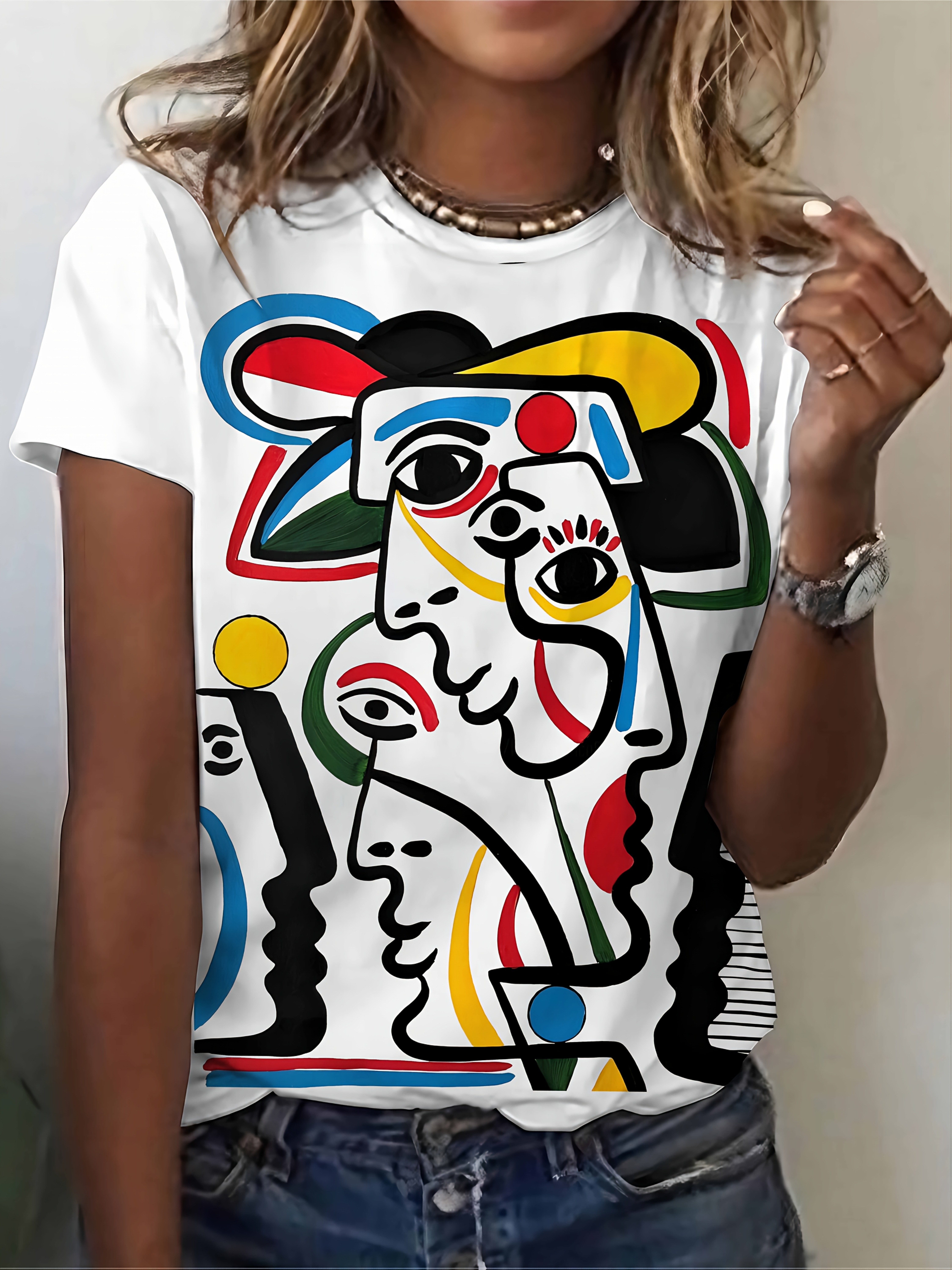   wind abstract human face printed t shirt womens fashionable top womens casual elegant round neck t shirt