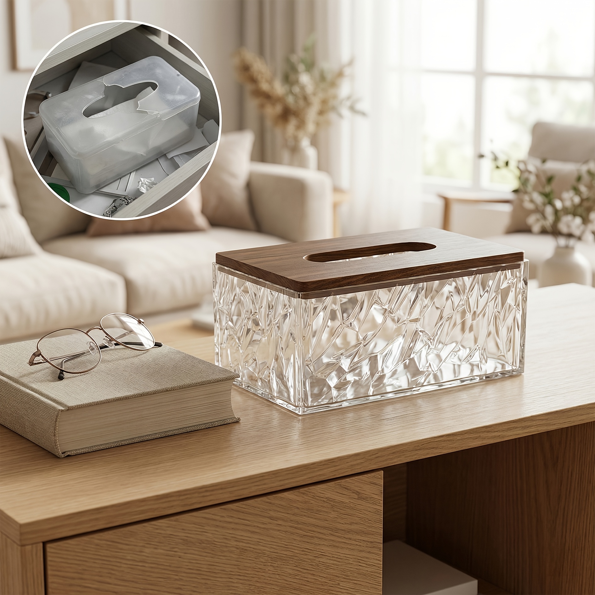 1 crystal texture acrylic tissue box with wooden lid modern minimalist napkin holder   room coffee table desktop tissue storage   bathroom decorative ornament Product details 2