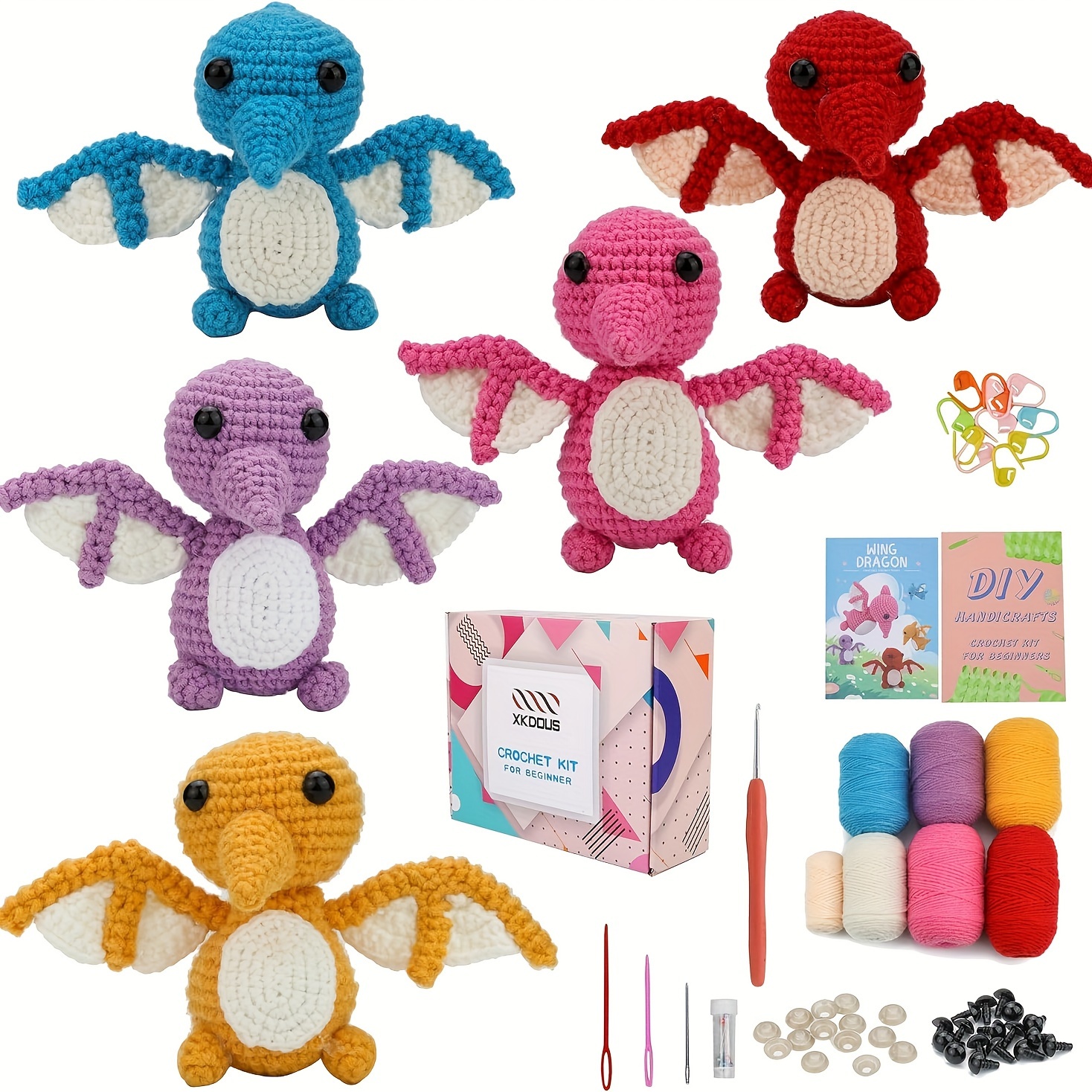 

Crochet Kit For Beginners, Knitting Kits With Detailed Illustrated Guides And Step-by-step Video Tutorials-learn To Crochet Animals Kits For Adults (5pcs-pterosaur)