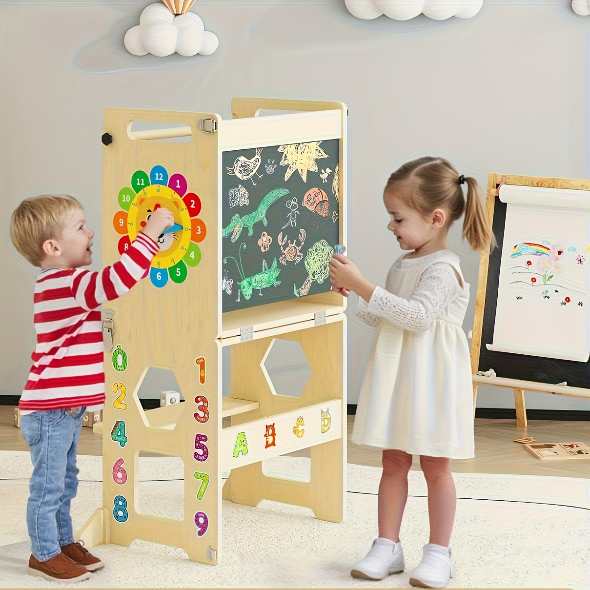 4-in-1 Toddler Standing Tower with Learning Clock & Blackboard - Foldable Multi-Functional Step Stool, Wood Climbing Ladder & for & (Toddler Learning, Motor Skills Development)