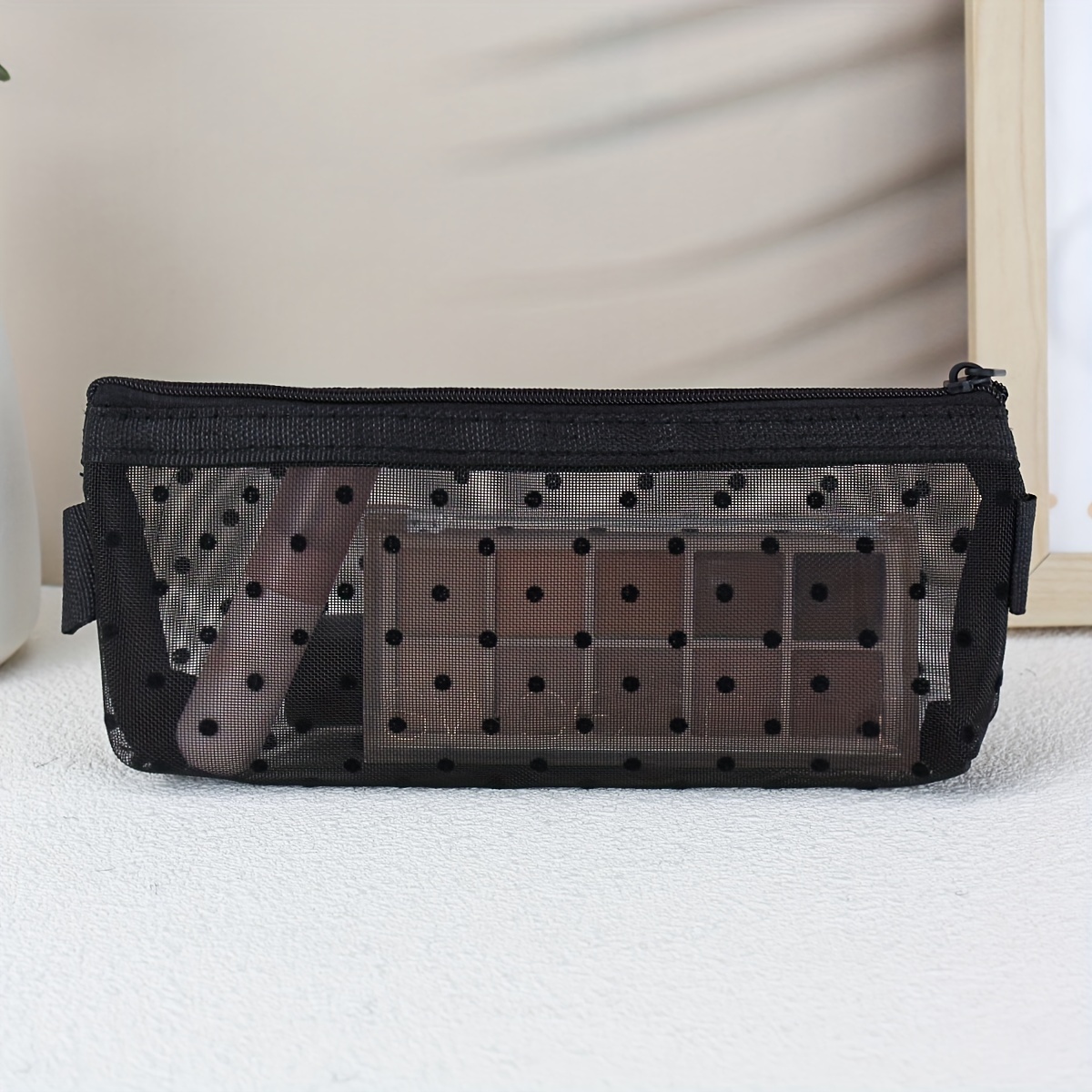 E-shop Lebendiges Herz-Muster Mesh Kosmetiktasche - Durchsichtiger Reise Make-up Pinsel Organizer mit Lippenstift-Aufbewahrungstäschchen, Tragbare