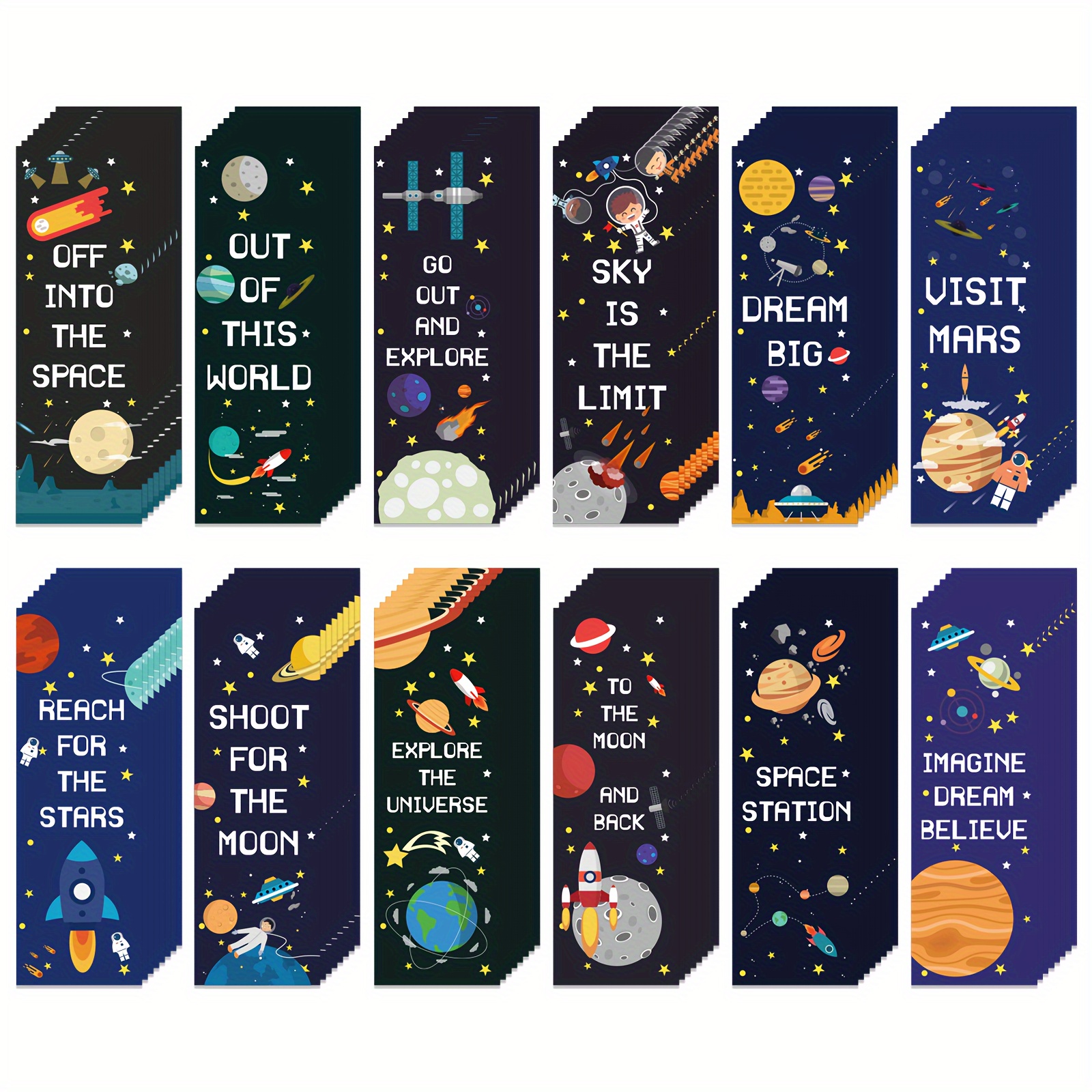 

12 Different Space Theme Bookmarks: Inspirational Quotes, Rocket Ships, And Planets - Perfect For Book Lovers And Space Enthusiasts