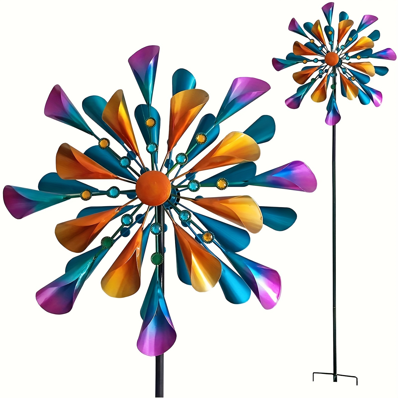 66&quot; Dual-Spin Metal Wind Spinner - 360° Rotating Flower Design for Garden, Patio &amp; Lawn Decor, Outdoor Yard Art with Sturdy Stake