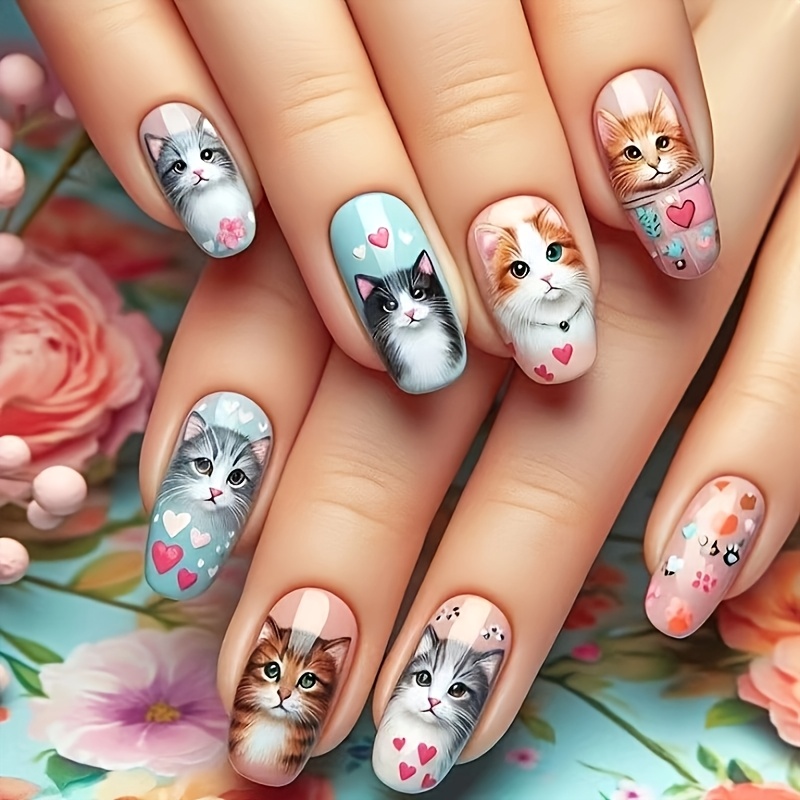 TEMU Mid-length Pink Square Cute Kitten 24pcs Cartoon Press-on Nails Removable Reusable Nail Stickers Convenient For Daily Parties Vacations Activities Nail Art Stickers