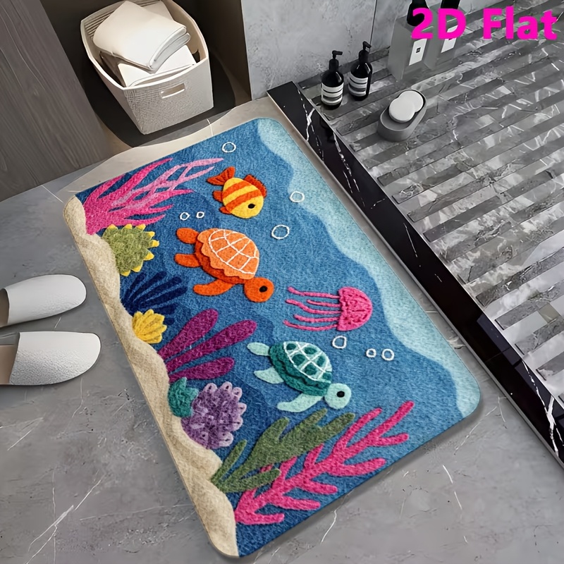 TEMU 1pc Anti-slip Bathroom Mat, Soft Thickened Material With Ocean Theme Fish And Sea Patterns, Suitable For Bathroom, Living Room, Bedroom And
