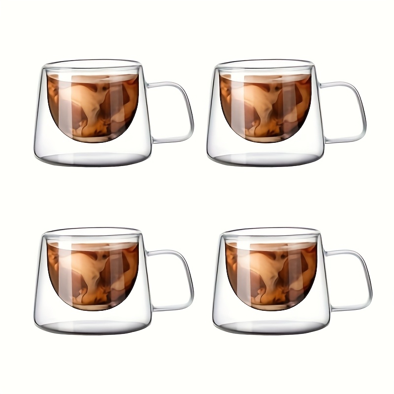 E-shop Lager, 4er-Set doppellagige Kaffeebecher aus Glas, transparente, hitzebeständige Kaffeebecher mit quadratischen Griffen, ein Geschenkset für