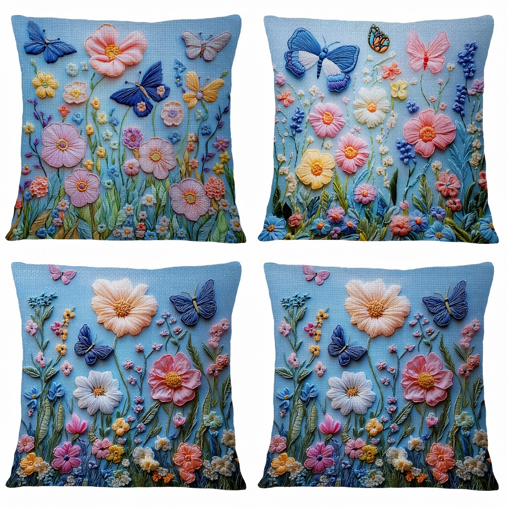 

Set Of 4 Embroidered Floral & Butterfly Throw Pillow Covers, 18x18 Inch - Contemporary Woven Design With Zipper Closure For Living Room And Bedroom Decor