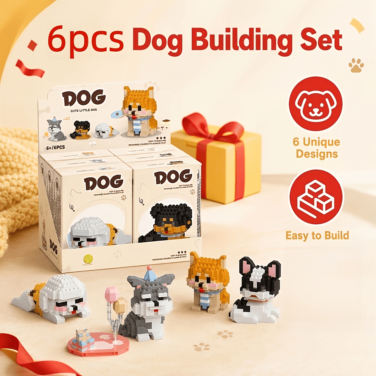 TEMU 6 piezas de bloques de construcción de perro de mascota lindo, modelos de mascotas y figuras de decoración de escritorio, 6 diseños y adorables