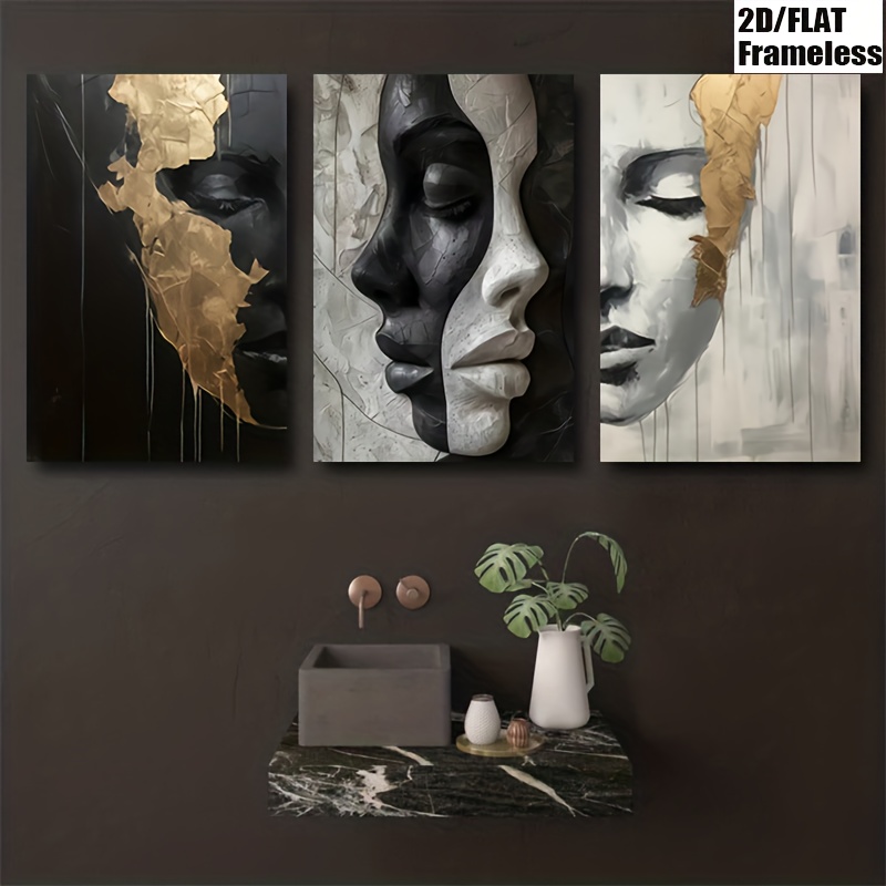 TEMU 2d Flat, 2d/flat 3pcs Frameless Black And White Abstract Canvas Art Prints, Large Size Decorative Canvas Posters, Suitable For Living Room Wall