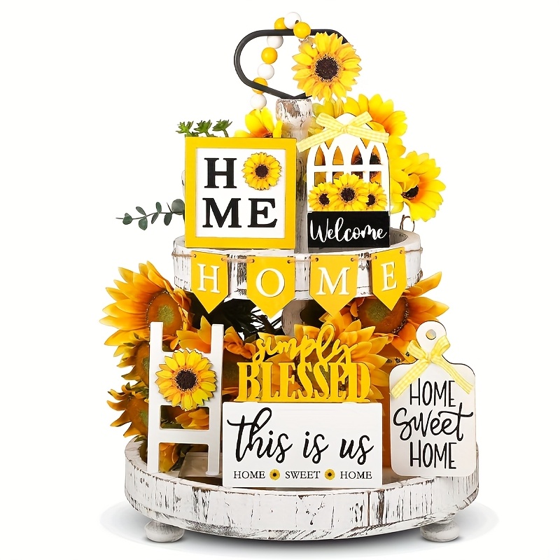 TEMU 11pcs Sunflower Farmhouse Layered Tray Decoration, Summer Countryside Style Home Decoration Tray Home Wooden Logo Sunflower Farmhouse Desktop Wooden Logo Kitchen Table Frame Decoration