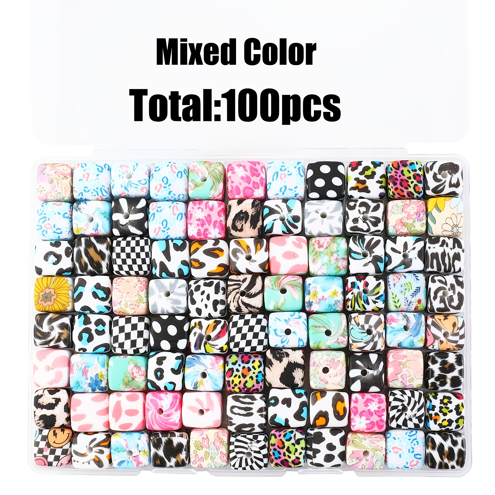 Image of 50pcs/ 100pcs Of Square Watermark Silicone Beads, 14mm Random Style, Suitable For Fashionable Making, Pen Decorations, Keychains, Bracelets, Necklaces, And Handicraft Decorative Items.