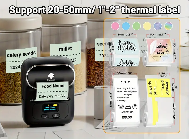 phomemo m110 label maker wireless label printer with one roll 40x30mm thermal sticker label thermal label printer for store owner small business address logo clothing mailing sticker printer for phones pc mini labeler for barcode document product information details 4
