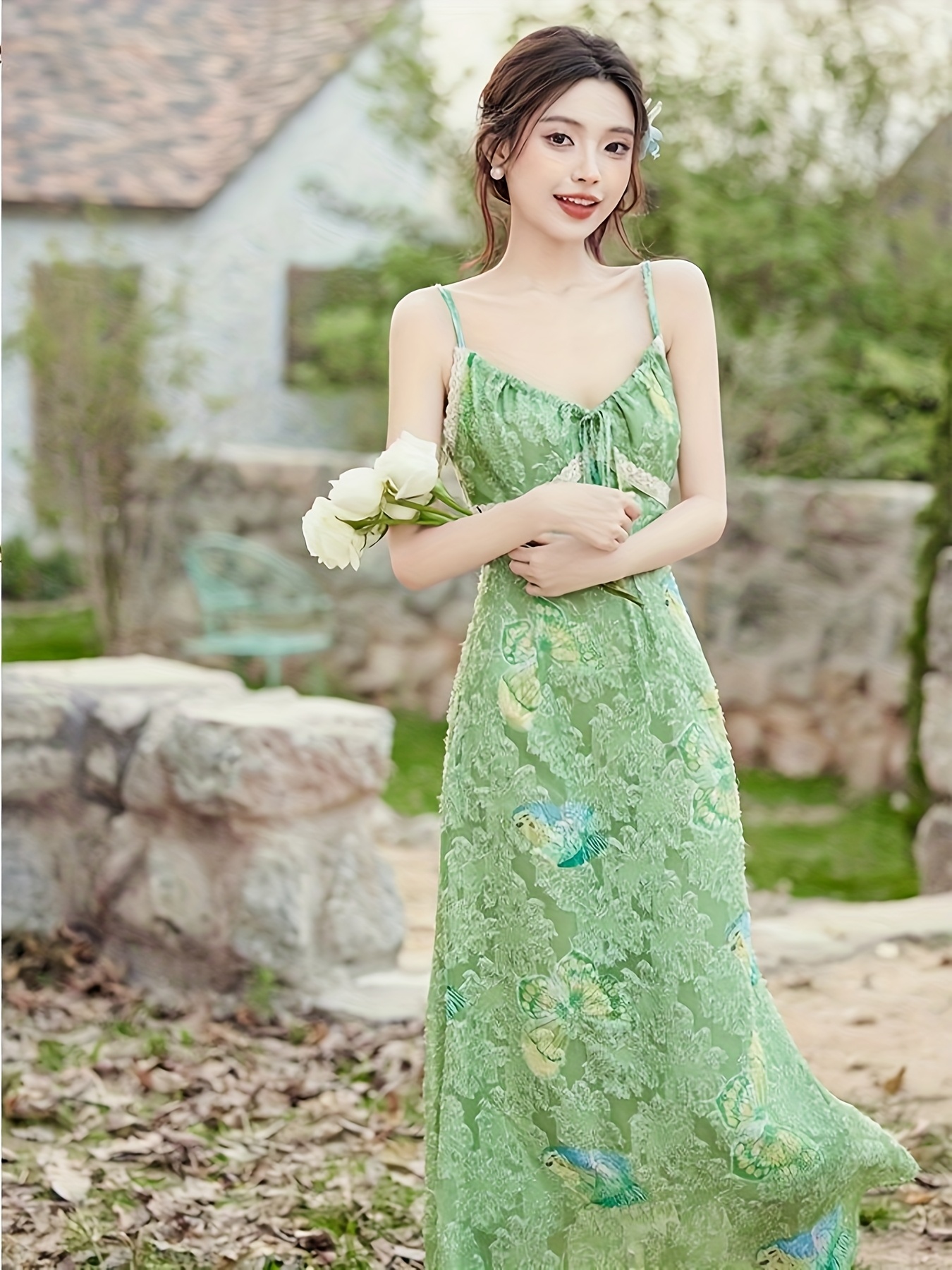 Elegant Green Floral Chiffon Midi Dress for Women Vintage-Inspired,  Sleeveless with Ruched Detail Summer Vacations Wea