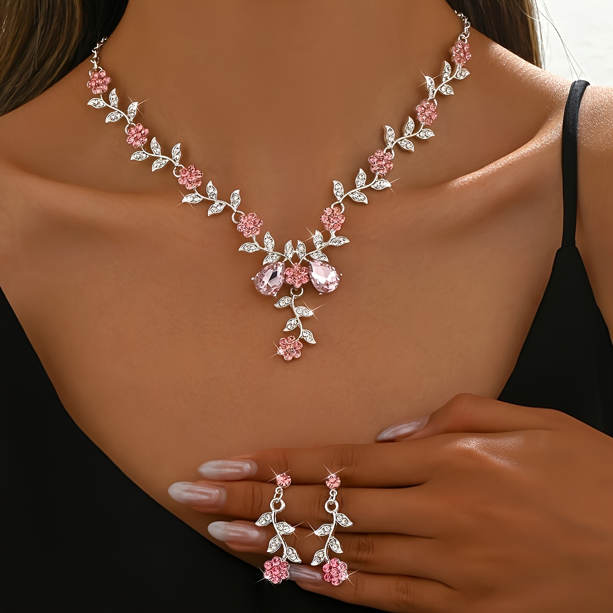 TEMU Wedding Jewelry Set: 1 Pink Necklace + 1 Pair Of Earrings, A 2pcs Set Suitable For Banquet Wear