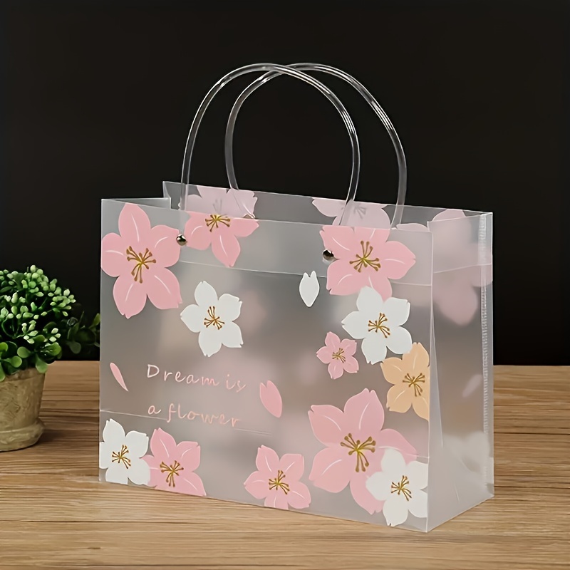 

10pc- Transparent Flower Plastic Tote Bag - Clothing Shopping Gifts With Hand Gifts High-grade Handbag