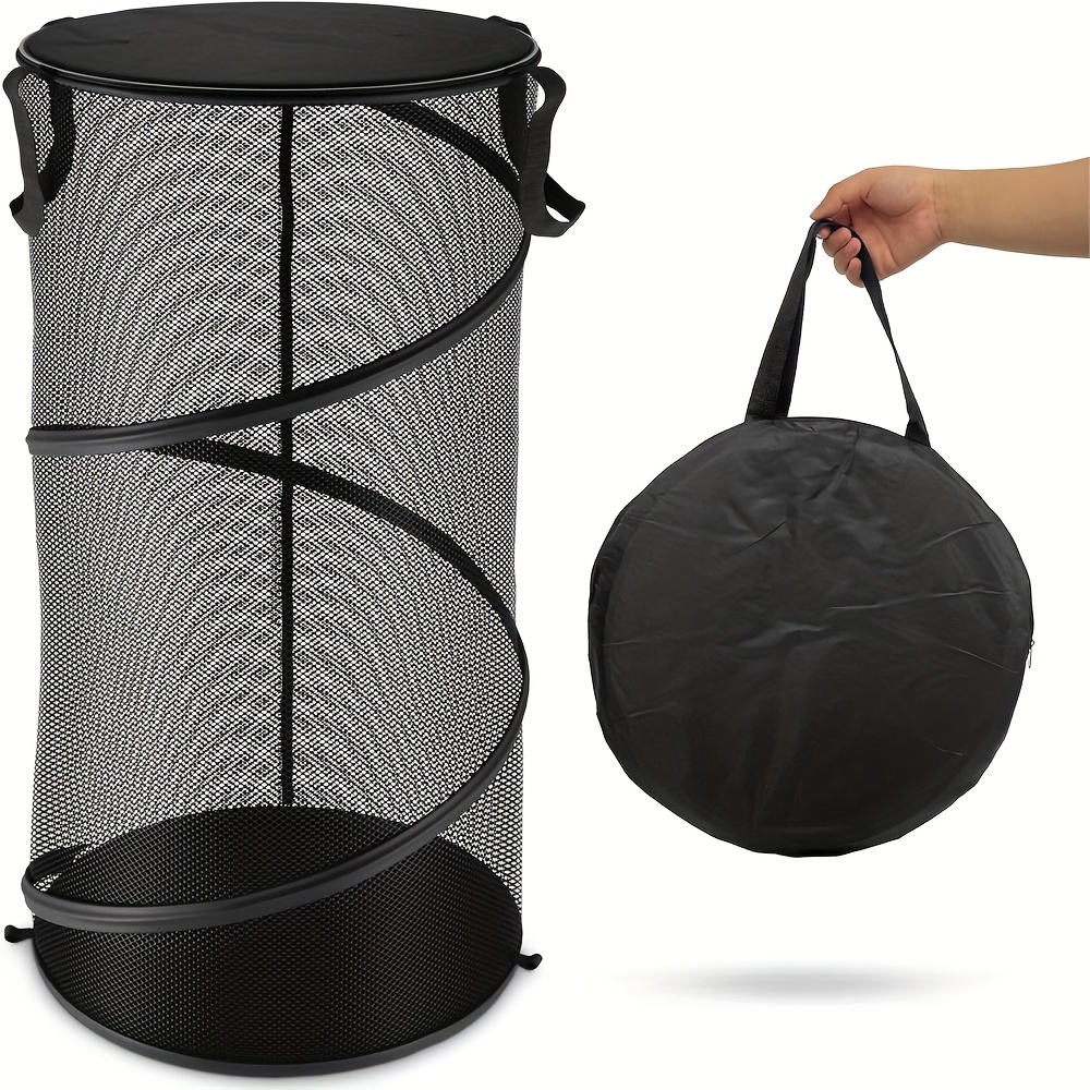 Pop-Up-Wäschekorb Aus Netzstoff – Zusammenklappbar, 35,6x61 Cm, Mit Seitentasche, Grau