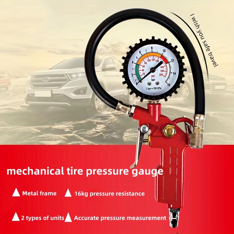 

[1pc Tire Pressure Gauge Inflator] A Tire Inflator With A Pressure Gauge, An Tire With A Pressure Measuring Device, And A Car Repair Tool Featuring A Rubber Hose.