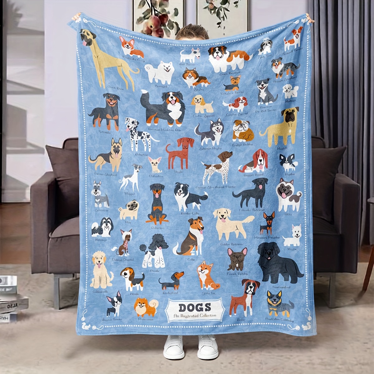 

Contemporary Geometric-patterned Dog-themed Throw Blanket - , Lightweight, Multipurpose Polyester Knit - Ideal For Sofa, Bed, Office Nap - All Gift-ready Comfort Shawl