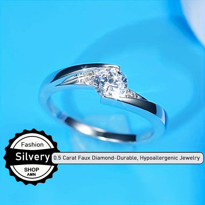 1pc Hypoallergenic Silvery Ring with 0.5 Carat Stone Wedding Rings for Women, Elegant Fashion Accessories Anniversary Christmas Valentine's Day Gift Jewelry