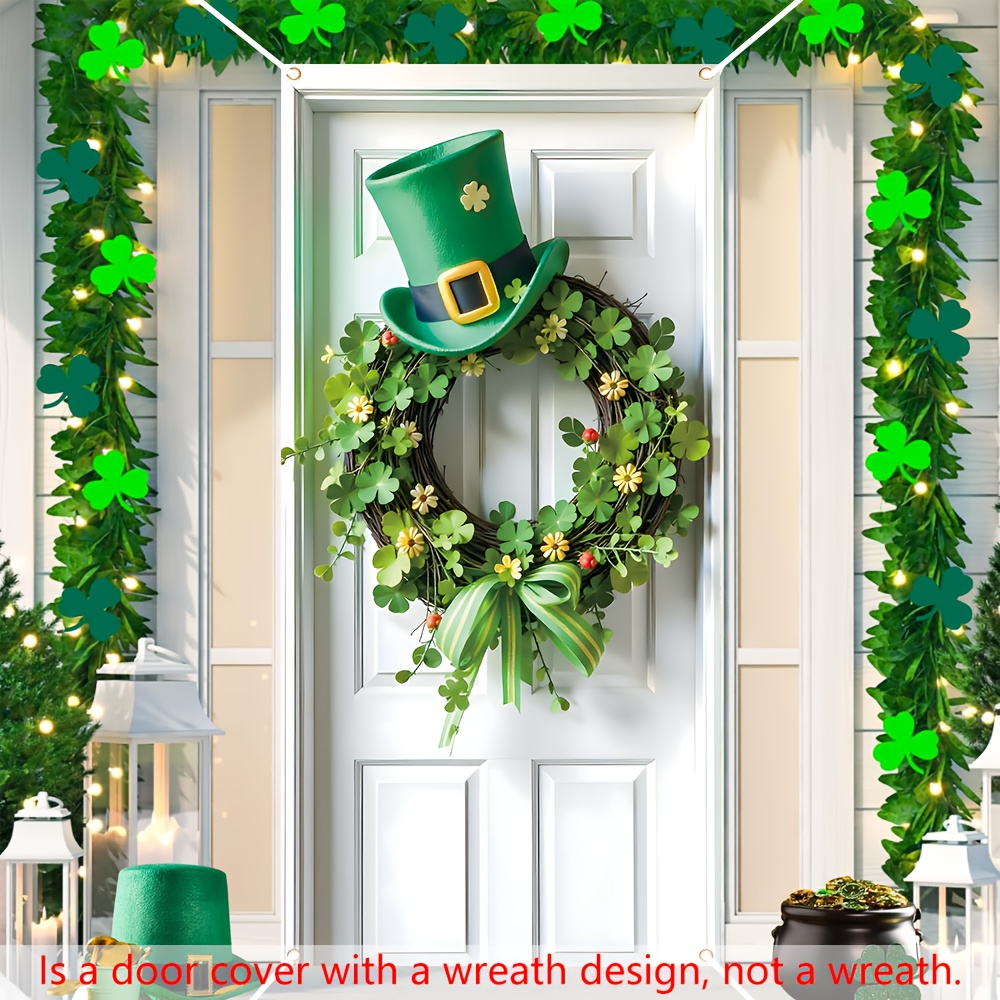 

1pc 's Day Polyester Wreath Door Cover With Hat And Clover Design, 35.4" X " - Multipurpose Indoor/outdoor Decor, No Electricity Needed