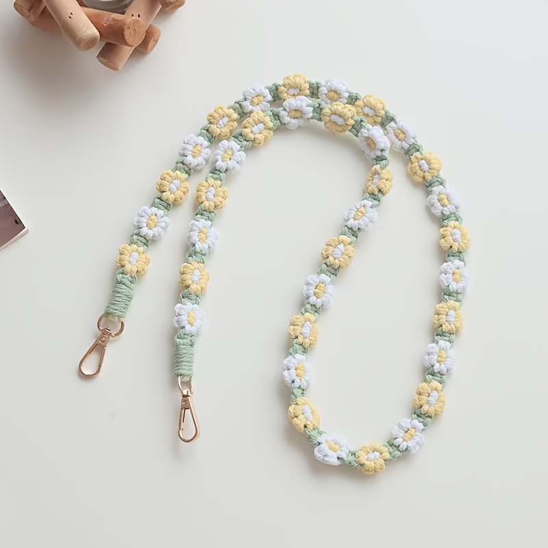 Image of Handmade Woven Small Daisy Flower Crossbody Bag With A Phone Chain, Keychain, And Camera Strap