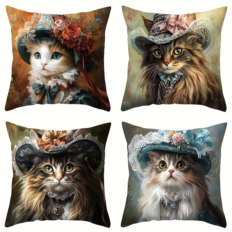 4pcs victorian elegant cat throw pillow covers large 17 72x17 72 inch   cases with zipper closure floral for sofa bed car living room decor pillow inserts not included perfect gift for cat lovers sofa accents whimsical   polyester bedroom accessories vintage design doublesided printing decorative pillows   Product details 0