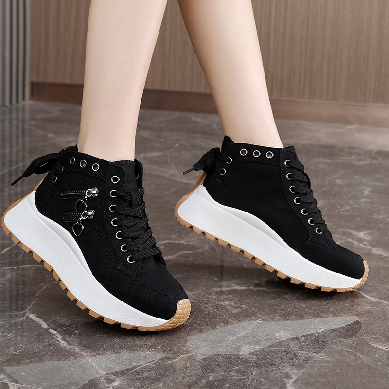 LYKU Women's Height-Increasing Sneakers with Thick Platform Sole - Breathable Low-Top Lace-Up Sneakers Suitable for Sports, Casual Wear & Everyday Use, Cushioned PVC Sole & Round Toe, - White Sneakers, Women Shoes