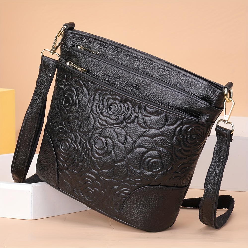 

Floral Embossed Crossbody Bag, Genuine Leather Shoulder Bag, Women's Casual Handbag & Purse