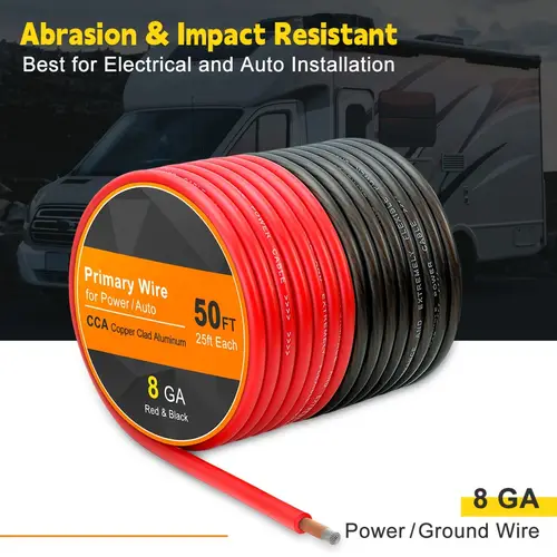 8 gauge wire each 25 feet black red copper clad aluminum cca car wiring power wire car audio speaker rv trailer amplifier 8ga awg 50 feet
