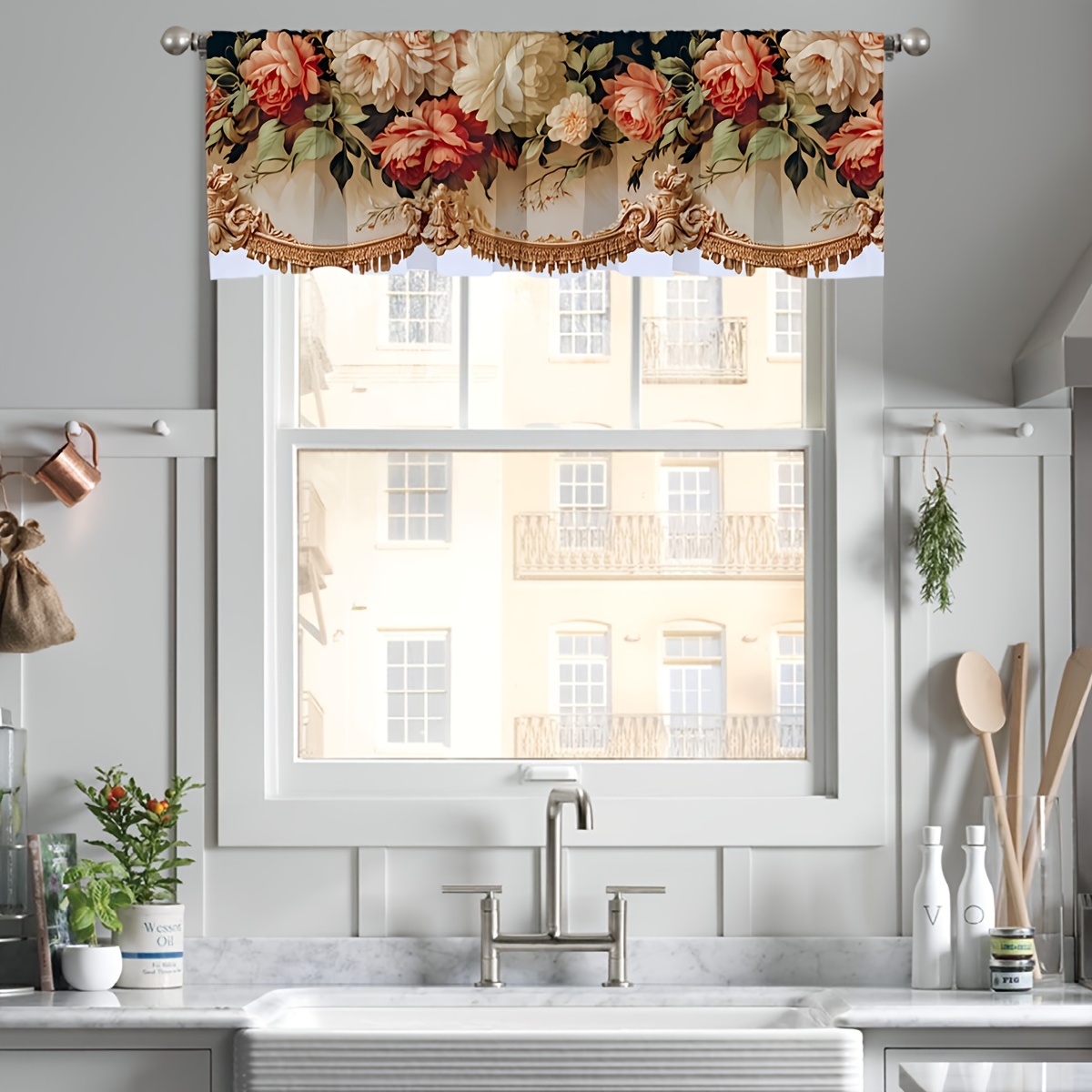 TEMU 2d Flat, 2d Flat Printing Victorian Romantic Rose Kitchen Valance, Vintage Floral Print Short Window Curtain, Fade Resistant Light Filtering For