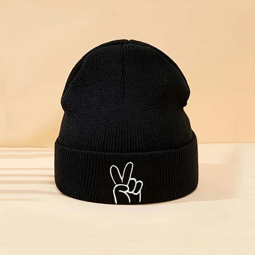TEMU A Unisex Knitted Beanie With Embroidered Gesture Pattern, A Versatile And Trendy Cold-weather Hat For Men And Women, Popular For Outdoor Use To
