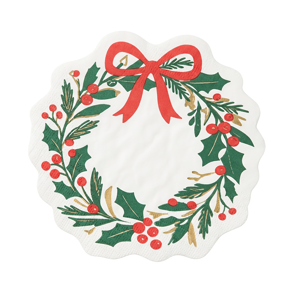 TEMU Lot de 16 serviettes jetables Couronne de Noël, Couronne avec nœud et dorées, Convient pour les fêtes de Noël vintage rouges et , les dressages