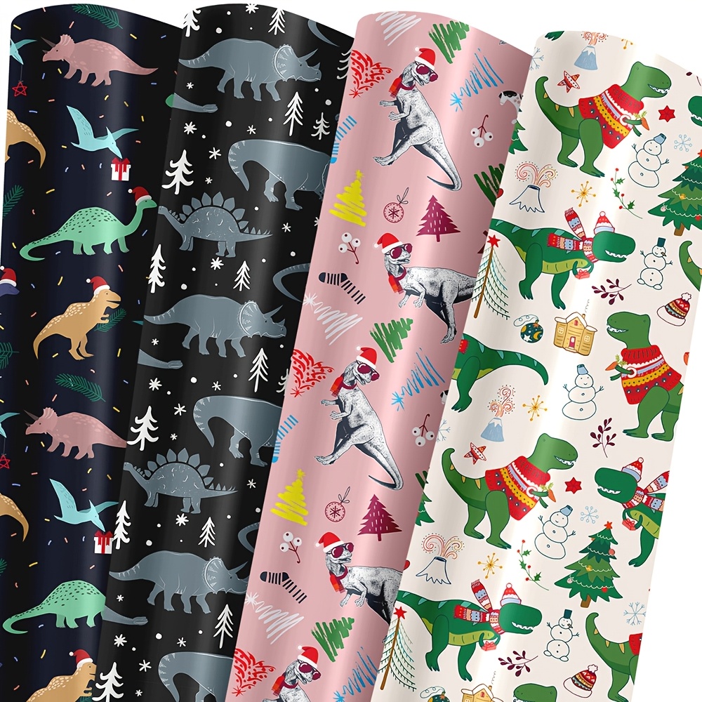 Image of 4 Sheets Dinosaur Christmas Wrapping Paper - Colorful Dinosaurs, Snowman, Santa Hats And Christmas Tree Designs For Christmas, Birthday, Holiday, Party, Baby Shower - 19.7 Inch X 27.5 Inch Per Sheet