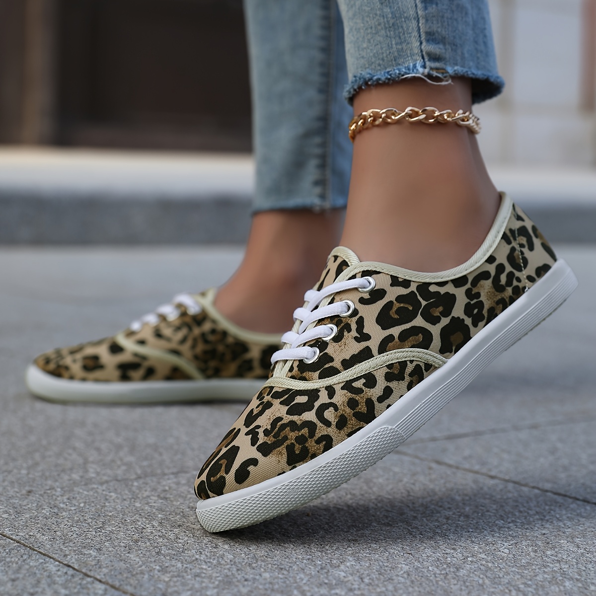 Women'S Leopard Print Flat Sneakers Casual Lace-*-On Shoes with Round  Toe, Soft Fabric Upper, PVC Sole, Ideal for Spring and Summer, Casual  Footwear