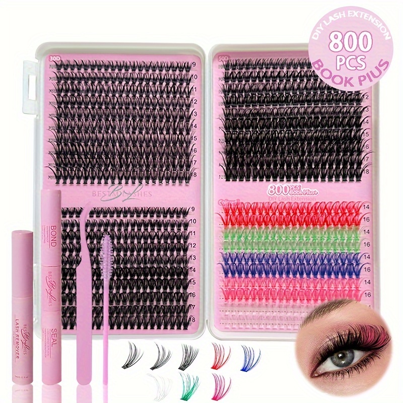 

800-piece Mixed Color Diy Lash Extension Kit With & Seal, Applicator And Remover Tools, Lash Brush, Lashes, 30d+40d+50d, 9-18mm Length Pack For Home Application For