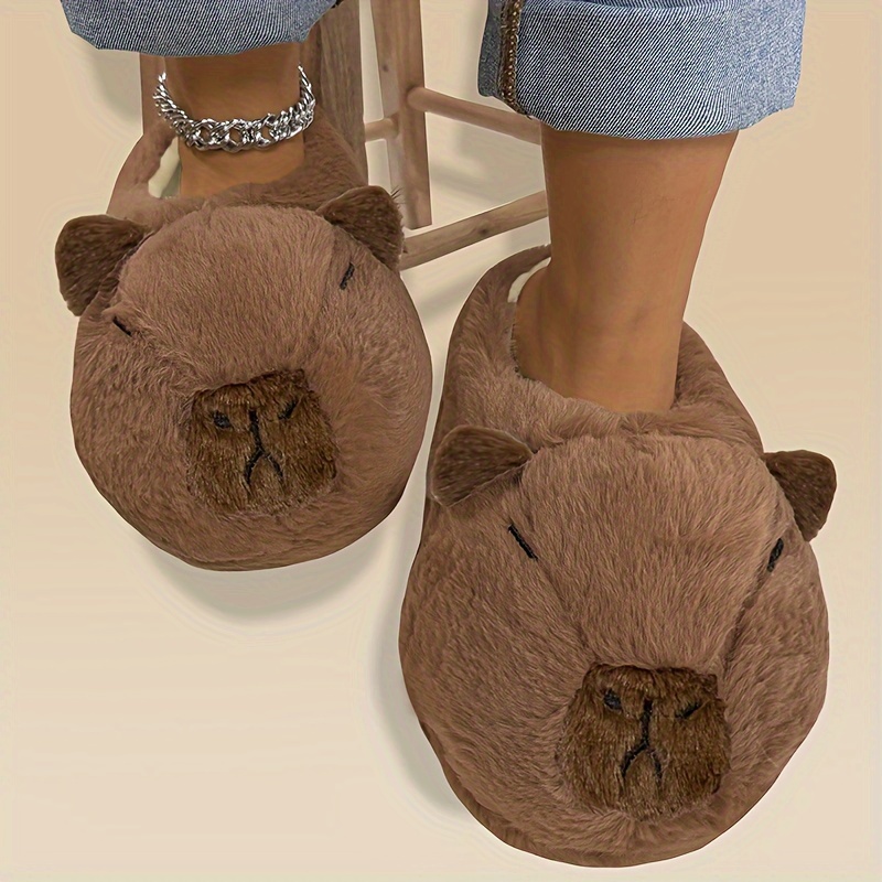 

Cute Capybara Plush Lined Slippers, Soft Sole Round Toe Indoor House Shoes, Comfy Novelty Animal Slippers