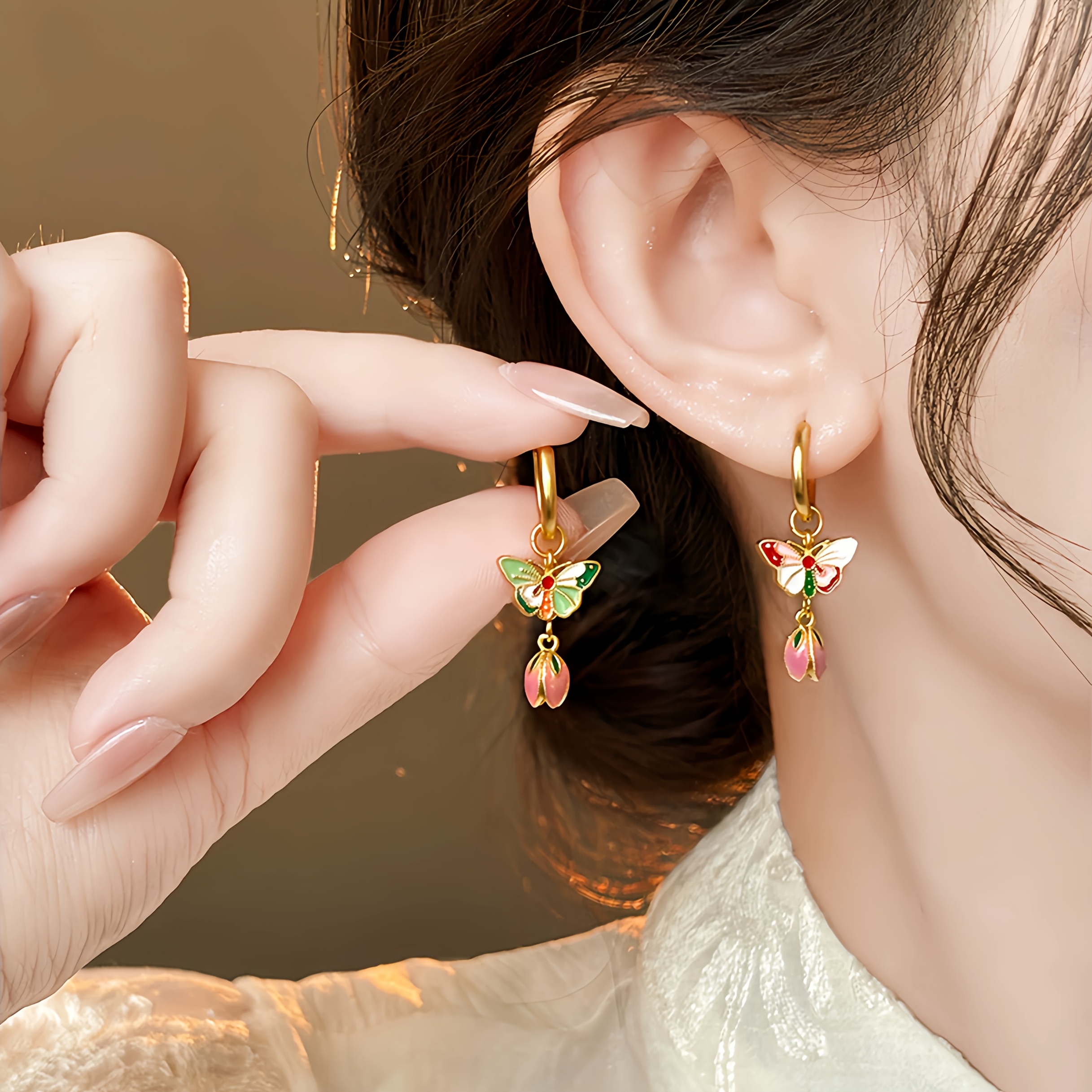 

1 Pair Chinese Style Enamel Earrings, Luxury Vintage Fashion Dangle Earrings With Copper Post, Zinc Alloy, Suitable For Women's And Gift-, Valentine's Day Holiday Theme