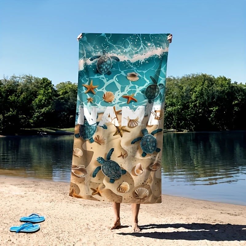 

Custom Name Beach Towel - Microfiber, Turtle & Shell Design, Personalized For Beach Vacations