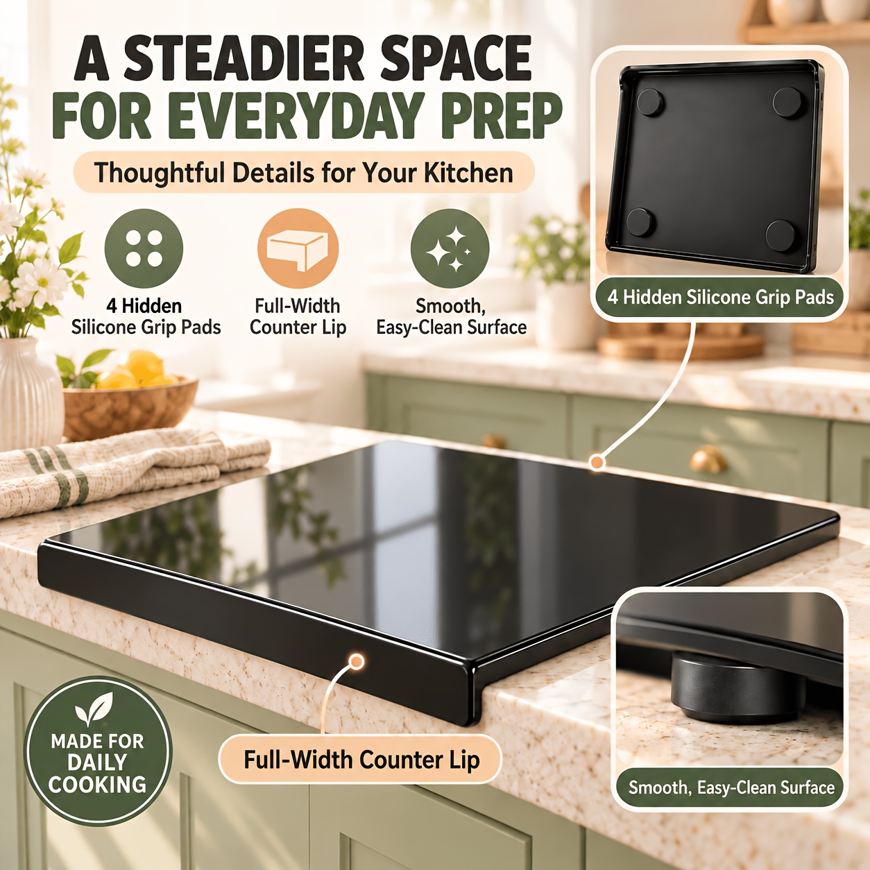 TEMU Large Black Acrylic Cutting Board, Non-slip Silicone Mat Thickened Countertop Protector, With Baffle Rounded Corners Easy To Clean, For Home
