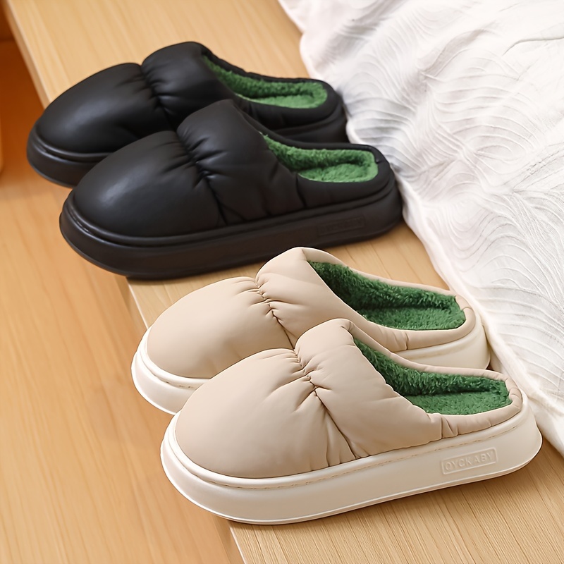 

Chaussures en Peluche d'Hiver - Imperméables, Doublées en Chaude pour Utilisation Intérieure/Extérieure, Chaussures Confortables à Enfiler , Crème et Vert