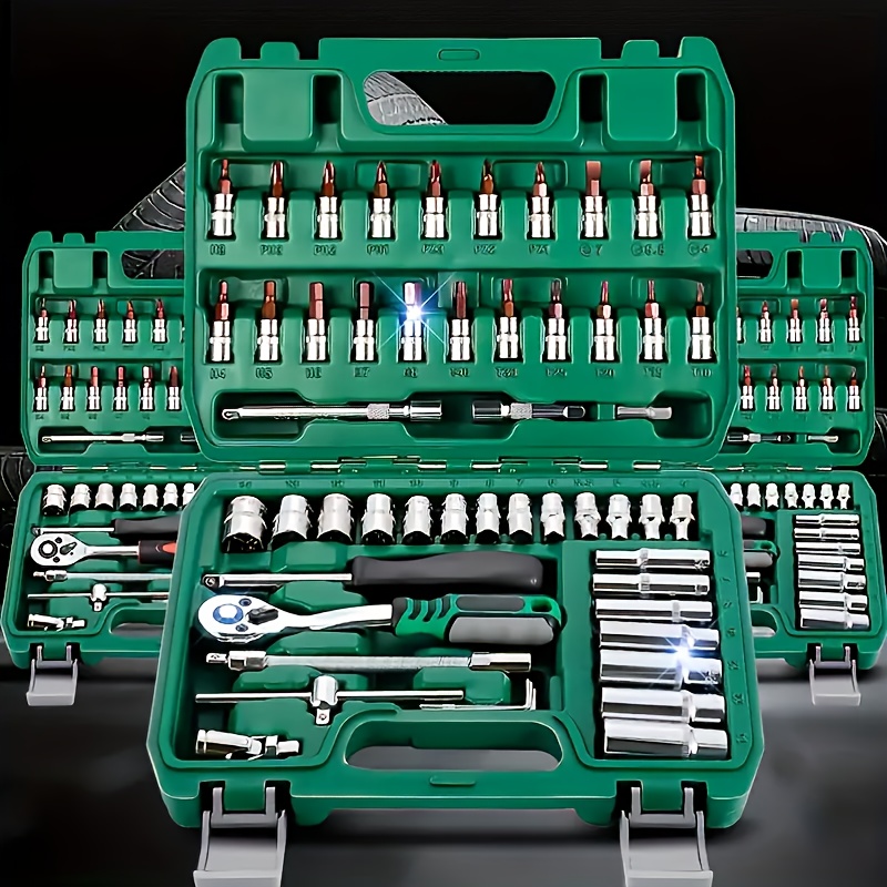 

46pcs Ratchet & Socket Wrench Set - 1/4" Drive, Metric Tools With Extension Bar For Auto Repair & Maintenance - Metal Construction, Light Green