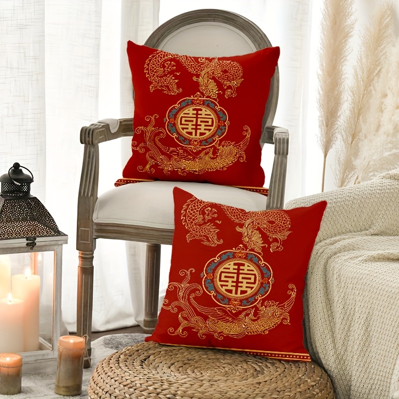 TEMU Set Of 2 Decorative Covers With Zippers, Measuring 18 X 18 Inches, Featuring A Red And And Phoenix Design For Chinese Weddings. Are Double-sided