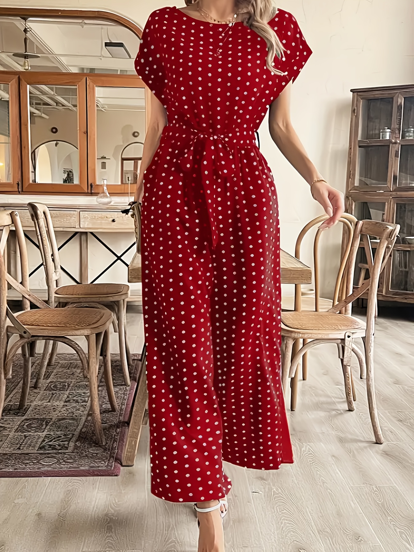Casual Jumpsuits Red Women's Red White Polka Dot Jumpsuit Elegant