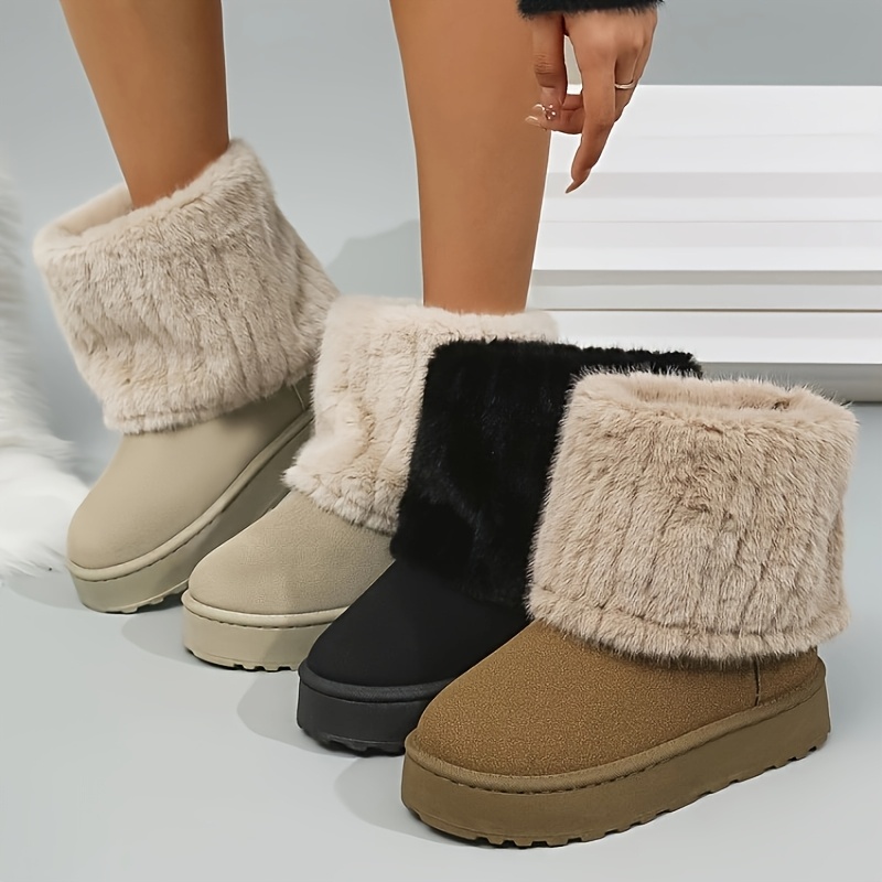 

[winter Footwear] Women's Plush-lined Boots - Cozy Slip-on, High- , Black, & Brown With Flat For , Winter Boots